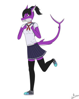 anthro bottomwear choker clothed clothing female furgonomics hair jewelry legwear necklace piercing ponytail school school_uniform skirt solo tail tail_through_skirt thigh_highs uniform zen_allen jessica_foster_(zenallen) aquatic fish shark 4:5 absurd_res hi_res