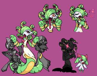 ambiguous_gender apode behind_another clothing dress green_hands green_tail half-closed_eyes inanimate_transformation legless looking_at_viewer musical_note musical_symbol narrowed_eyes open_mouth petrification pseudo_hair red_eyes serpentine sharp_teeth shocked singing smile split_form symbol tail teeth tongue tongue_out transformation white_clothing white_dress fattywapp nintendo pokemon gorgovoir yularie_(fattywapp) draconcopode gallade gardevoir generation_3_pokemon generation_4_pokemon humanoid kirlia lamia pokemon_(species) reptile scalie snake