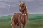 blonde_hair brown_body electricity facial_markings female feral frown grass hair head_markings lightning markings outside plant quadruped solo tail yellow_eyes yellow_tail redahfuhrerking them's_fightin'_herds sila_(redahfuhrerking) equid equine horse mammal 2022 3:2 digital_media_(artwork) hi_res