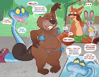 3_panel_comic 3_toes 4_fingers anthro anthro_focus areola areola_slip bikini black_nose blue_bikini blue_body blue_clothing blue_scales blue_swimwear bold_text breasts brown_body brown_fur buckteeth cleavage clothed clothing countershade_fur countershade_scales countershading day dialogue electronics ellipsis eyewear feet female female_anthro female_focus feral fingers fur gesture green_clothing green_eyes green_swimming_trunks green_swimwear greeting grey_body grey_fur group hand_on_hip hand_over_head holding_object holding_phone linked_speech_bubble male male_anthro male_feral mature_anthro mature_female motion_lines navel one_eye_closed one_fang open_mouth orange_body orange_fur outside overweight overweight_anthro overweight_female parody phone plant purple_eyes scales scratching_head sitting sitting_on_ground skimpy skimpy_bikini smile smiling_at_another sparkles speech_bubble standing sunglasses swimming_trunks swimwear talking_to_another teeth teeth_showing text tilde_after_text toes tongue tongue_out tree two-piece_swimsuit undersized_clothing undersized_swimwear water waving wearing_sunglasses whiskers wink winking_at_another yellow_bikini yellow_clothing yellow_sclera yellow_swimwear kaboozey disney zootopia gary_de'snake judy_hopps nibbles_maplestick nick_wilde beaver canid canine european_rabbit fox lagomorph leporid mammal oryctolagus pit_viper rabbit red_fox reptile rodent scalie snake true_fox viper 2026 colored comic detailed digital_drawing_(artwork) digital_media_(artwork) english_text hi_res shaded