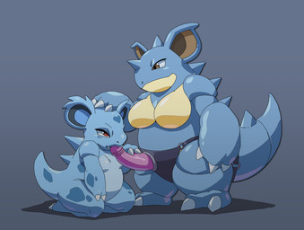 anthro breasts dominant duo female female/female hand_on_partner's_head larger_dom oral sex_toy size_difference strapon hidoihito nintendo pokemon rena_(hidoihito) generation_1_pokemon nidoqueen nidorina pokemon_(species) digital_media_(artwork) hi_res