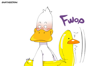 anthro aroused aroused_face beak feathers male pool_toy simple_background solo white_background white_body white_feathers watmeedraw sitting_ducks ed_(sitting_ducks) anatid anseriform avian bird duck implied_penis hi_res