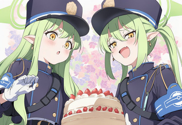 belt birthday_cake blue_clothing blue_hat blue_headwear blue_shirt blue_topwear blush cake clothing cute_fangs dessert ear_piercing ear_ring fangs female food gloves green_hair hair hair_between_eyes halo handwear hat headgear headwear long_hair narrowed_eyes open_mouth piercing pigtails pointy_ears prick_ears ring_piercing shirt surprised teeth topwear whistle_(object) white_clothing white_gloves white_handwear yellow_eyes young young_female young_humanoid sdputxfnbdcxtrp blue_archive nexon hikari_(blue_archive) nozomi_(blue_archive) demon demon_humanoid humanoid