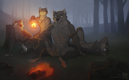 abs all_fours animal_genitalia anthro armband balls barefoot belly biceps biped black_nose brown_body brown_eyes brown_fur campfire casual_nudity countershading dagger eyebrows feet fire fog forest fully_sheathed fur genitals grey_eyes group hands_behind_head holding_object holding_weapon humanoid_hands lamp lantern lying male male/male male_anthro melee_weapon multicolored_body multicolored_fur muscular muscular_male navel night nude nude_anthro nude_male on_back outdoor_nudity outside pawpads paws pecs penis pink_pawpads plant public sheath sitting slim social_nudity spread_legs spreading tan_balls tan_belly tan_body tan_fur tan_penis teeth tree tree_stump tribal two_tone_body two_tone_fur weapon yellow_eyes zaush canid canine canis mammal wolf 2017 digital_media_(artwork) digital_painting_(artwork) painting_(artwork) shaded soft_shading
