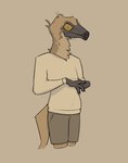 anthro bottomwear claws clothing feathers green_eyes looking_at_viewer male shorts simple_background solo sweater tail tan_body topwear zagz jude_(zagz) dinosaur gallimimus ornithomimid prehistoric_species reptile scalie theropod hi_res