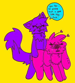 all_fours ambiguous_gender antennae_(anatomy) anthro anthro_on_anthro anthro_penetrated anthro_penetrating blush bodily_fluids crying dialogue doggystyle duo ear_piercing eyes_closed forced forced_penetration from_behind_position fur looking_pleasured obscured_penetration open_mouth penetration piercing pink_body pink_fur purple_body purple_fur raised_tail rape sad sex simple_background speech_bubble standing sweat sweatdrop tail tears tears_on_cheek yellow_background bratcafe cupid_(bratcafe) felid feline lagomorph leporid mammal rabbit hi_res