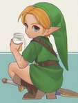 belt beverage blonde_hair blue_eyes bottle clothing container footwear hair holding_bottle holding_container holding_object humanoid_pointy_ears light_body light_skin male milk not_furry pointy_ears simple_background solo ivy_draws nintendo ocarina_of_time the_legend_of_zelda young_link elf humanoid hylian hi_res