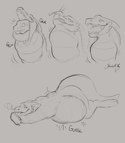 anthro belly big_belly breath duo feet_first glk gulp_(sound_effect) gurgle_(sound_effect) huge_belly male male/male nude_male open_mouth oral_vore rumbling_stomach smile swallowing tail teeth tongue tongue_out vore masterokami mythology dragon mythological_creature mythological_scalie scalie 2023 hi_res sketch