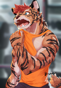 5_fingers abstract_background anthro black_bottomwear black_clothing black_stripes blue_eyes bodily_fluids bottomwear brown_body brown_fur clothed clothed_anthro clothed_male clothing countershade_arms countershade_face countershade_hands countershade_neck countershade_torso countershading eyebrows facial_markings fingers front_view fully_clothed fully_clothed_anthro fully_clothed_male fur hair head_markings holding_clothing holding_object holding_shirt holding_tank_top holding_topwear inner_ear_fluff looking_aside male markings multicolored_body multicolored_fur muscular muscular_anthro muscular_male open_mouth orange_clothing orange_shirt orange_tank_top orange_topwear pupils red_hair red_tongue shirt solo striped_arms striped_face striped_markings striped_tail stripes sweat sweatdrop sweaty_face tail tail_markings tan_body tan_countershading tan_eyebrows tan_fur tan_inner_ear tan_inner_ear_fluff tank_top text tongue tongue_showing topwear tuft two_tone_body two_tone_fur white_sclera kuromonsart felid mammal pantherine tiger 2022 artist_name colored dated digital_media_(artwork) digital_painting_(artwork) english_text half-length_portrait hi_res painting_(artwork) portrait