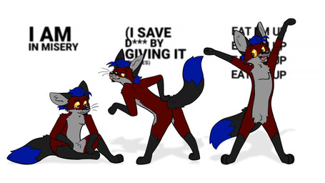 anthro aroused blue_hair bodily_fluids butt closed_smile crying dialogue facial_hair goatee hair happy male mouth_closed narrowed_eyes open_mouth open_smile presenting presenting_hindquarters sad sitting slight_smile smile solo standing tail tears teeth text tongue tongue_out whiskers volpe_foxsly misery_x_cpr_x_reese's_puffs canid canine fox mammal 16:9 4k absurd_res english_text hi_res meme widescreen