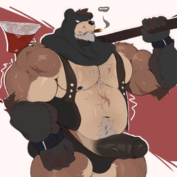 anthro axe axe_over_shoulder barazoku biceps black_clothing black_gloves black_handwear black_penis black_underwear black_wristband blood_on_gloves body_hair brown_body brown_fur brown_hair chest_hair cigar cigar_in_mouth cigar_smoke clothed clothing dried_blood execution executioner_hood facial_hair fur genitals gloves grey_facial_hair hair handwear holding_axe holding_object leather leather_clothing leather_topwear leather_vest male musclegut muscular navel nipple_piercing nipple_ring nipples object_in_mouth partially_clothed pecs penis piercing ring_piercing shoulder_scar smoke smoking smoking_cigar solo teeth topwear underwear underwear_down vein veiny_penis vest wallstarrr jallad_(wallstarrr) bear brown_bear mammal ursine 2025 hi_res