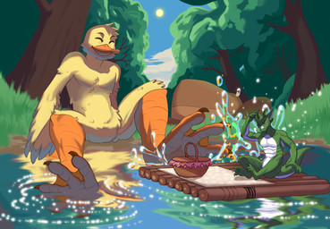 3_toes anthro basket beak biped claws container countershading day duo eyes_closed feathers feet forest green_body green_horn green_scales happy horn male membrane_(anatomy) micro micro_anthro micro_male muscular muscular_anthro muscular_male orange_beak outside picnic_basket plant raft scales size_difference smile splash toe_claws toes tree water webbed_feet white_body white_countershading white_scales yellow_body yellow_feathers mruegerr mythology duck-kun anatid anseriform avian bird dragon duck mythological_creature mythological_scalie scalie 2024 hi_res