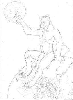 anthro bottomwear cheek_tuft clothed clothing facial_markings facial_tuft head_markings loincloth macro male male_anthro markings mouth_closed navel neck_tuft planet simple_background sitting solo topless tuft solaxe_(artist) canid canine mammal monochrome sketch