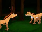 duo female feral forest forest_background glowing glowing_eyes holidays male mimicry nature nature_background plant sharp_teeth smile teeth tree sajay halloween grayson_(sajay) madrigal_(aquest) flute_dragon skinwalker 4:3 absurd_res hi_res