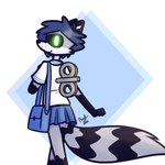 anthro bag blue_bottomwear blue_clothing blue_hair blue_skirt bottomwear cheek_tuft clothing cosplay facial_tuft female gloves_(marking) glowing glowing_eyes green_eyes grey_body hair handbag leg_markings looking_back machine markings rear_view ring_(marking) ringed_tail school_uniform screen screen_face shirt simple_background skirt smile socks_(marking) solo striped_markings striped_tail stripes tail tail_markings topwear tuft uniform white_clothing white_shirt white_topwear winding_key rafvicalv nichijou nano_shinonome r.a.m._(rafvicalv) mammal procyonid raccoon robot 1:1 2022 hi_res