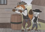 aiming anthro barrels clothing duo female gun handgun hat headgear headwear male ranged_weapon revolver weapon wild_west wooden_house anothercolouranon disney zootopia judy_hopps nick_wilde canid canine fox lagomorph leporid mammal rabbit red_fox true_fox