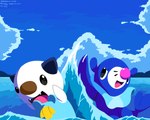 ambiguous_gender anthro black_eyes blue_body cloud duo fangs feral looking_at_another markings multicolored_body open_mouth sky tail teeth tongue two_tone_body water whisker_markings sleepy_sealion nintendo pokemon generation_5_pokemon generation_7_pokemon oshawott pokemon_(species) popplio 2025 5:4 absurd_res dated hi_res signature