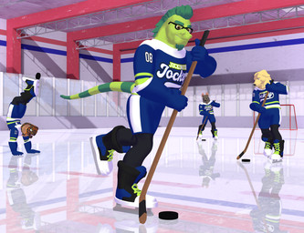 anthro black_body clothing eyewear facial_hair footwear glasses goatee green_body green_hair group hair hockey hockey_jersey hockey_puck hockey_rink hockey_stick ice_rink ice_skates male markings orange_markings snake_hood sport reggieigulas jockington_jockeys casey_(reggieigulas) jaxon_(reggieigulas) reggie_igulas zack_(reggieigulas) bird_dog canid canine canis domestic_dog golden_retriever hunting_dog hyena iguana iguanid lizard mammal reptile retriever scalie snake 3d_(artwork) digital_media_(artwork) hi_res