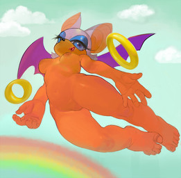 anthro areola biped breasts eyeshadow feet female female_anthro flying fur genitals humanoid_feet lips looking_at_viewer low-angle_view makeup membrane_(anatomy) membranous_wings navel nipples nude open_mouth plantigrade rainbow ring_(sonic) smile solo vulva wings mighty-whydah sega sonic_the_hedgehog_(series) rouge_the_bat bat mammal 2025 digital_media_(artwork) digital_painting_(artwork) painting_(artwork)