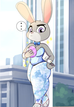 anthro bow_tie breasts cleavage clothed clothing easter_egg egg feet female fingers fur grey_body grey_fur holidays long_ears purple_eyes shirt_cuffs solo standing thick_thighs toes wide_hips onibi disney easter zootopia judy_hopps european_rabbit lagomorph leporid mammal oryctolagus rabbit absurd_res full-length_portrait hi_res portrait