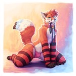 anthro arm_socks briefs bulge clothed clothing collar eyewear femboy fur glasses heterochromia kneeling leash leggings legwear male nerd red_body red_fur solo thick_thighs topless topless_male underwear white_body white_fur belvor benjithefox canid canine fox mammal 1:1 absurd_res hi_res