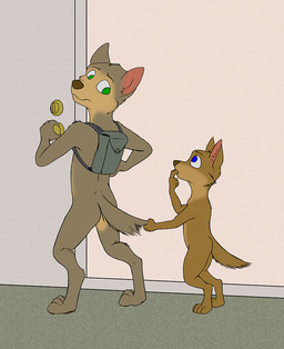 anthro backpack casual_nudity duo female male male/female social_nudity tail tail_grab young young_anthro misterpickleman taylor_knight tristan_knight canid canine canis mammal wolf brother_(lore) brother_and_sister_(lore) sibling_(lore) sister_(lore)