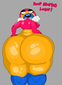anus big_butt bodily_fluids breasts butt eyelashes female huge_butt huge_hips huge_thighs hyper hyper_butt hyper_thighs looking_at_viewer multicolored_body nipples nude open_mouth simple_background smile solo steam steaming_body sweat sweatdrop text thick_thighs two_tone_body wide_hips sl33py_demon five_nights_at_freddy's five_nights_at_freddy's_world scottgames chica's_magic_rainbow_(character) english_text hi_res