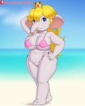 anthro bikini blonde_hair blue_eyes breasts clothing crown ear_piercing female hair headgear piercing proboscis_(anatomy) solo swimwear trunk_(anatomy) two-piece_swimsuit rainven mario_bros nintendo super_mario_bros_wonder elephant_peach princess_peach elephant elephantid mammal proboscidean 4:5 absurd_res hi_res