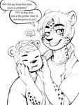 anthro claws clothed clothing dialogue duo eyebrow_through_hair eyebrows fingers hair male open_mouth open_smile smile speech_bubble text translucent translucent_hair bastionshadowpaw seraph_(seraph) felid mammal mustelid otter pantherine snow_leopard 2024 3:4 clip_studio_paint_(artwork) digital_media_(artwork) english_text hi_res monochrome