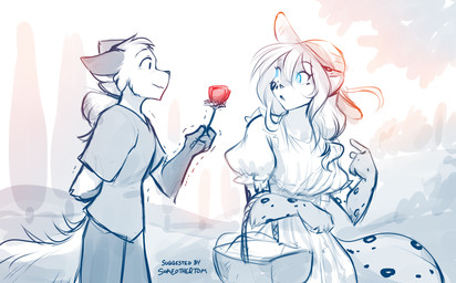 anthro basket blue_eyes bottomwear clothed clothing container dress duo ears_back female flower fluffy fluffy_tail fur gesture hair hand_behind_back hand_gesture hat headgear headwear holding_basket holding_container holding_flower holding_object long_hair looking_at_another male male/female markings nervous pants pivoted_ears plant pointing pointing_at_self rose_(flower) scar shaking shirt smile spots spotted_body spotted_fur sun_hat tail topwear tree conditional_dnp tom_fischbach twokinds kathrin_vaughan mike_(twokinds) canid canine felid fox hybrid keidran mammal pantherine red_fox true_fox 2022 adobe_photoshop_(artwork) digital_drawing_(artwork) digital_media_(artwork) hi_res monochrome partially_colored restricted_palette sketch