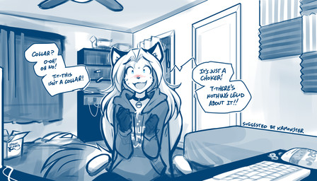 anthro bed bedroom blush bodily_fluids camera_view chair chest_tuft clothed clothing collar collar_tag detailed_background dialogue embarrassed female food furniture hoodie inside keyboard on_chair open_mouth open_smile pretzel_(food) sitting smile solo sweat text topwear tuft conditional_dnp tom_fischbach twokinds laura_(twokinds) canid canine fox keidran mammal red_fox true_fox 2024 7:4 adobe_photoshop_(artwork) digital_media_(artwork) english_text hi_res monochrome sketch spot_color