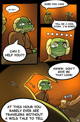 alcohol ambiguous_gender anthro beverage clothed clothing dialogue female group horn melee_weapon offscreen_character speech_bubble text weapon yellow_eyes brradett lernie_(brradett) mammal scalie absurd_res colored comic digital_media_(artwork) english_text hi_res