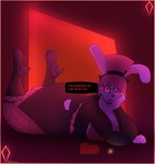 anthro big_butt bomb boots box_of_chocolates breasts butt candy chocolate choker clothing dessert dialogue explosives eyeshadow facial_markings female fishnet_clothing fishnet_legwear food footwear hand_on_face hat head_markings headgear headwear jewelry legwear lying makeup markings necklace red_eyes shoes simple_background solo text thick_thighs tongue tongue_out top_hat wide_hips photolol.03 in_heat_(game) poppi_(in_heat) lagomorph leporid mammal rabbit hi_res