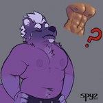 abs anthro beard biped bodily_fluids bottomwear chest_tuft clothing eyebrows eyes_closed facial_hair fur hair hands_on_hips holding_breath humanoid_hands inner_ear_fluff male navel nipples pants purple_body purple_fur simple_background slightly_chubby solo sweat sweatdrop tuft unnatural_colors white_eyebrows white_hair spyz_(artist) kodi_(spyz) canid canine mammal 1:1 2021 digital_drawing_(artwork) digital_media_(artwork) flat_colors shaded signature