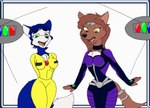 alternate_costume anthro blue_body blue_fur breasts brown_body brown_fur brown_hair clothing clothing_swap dipstick_tail duo female fur green_eyes hair markings multicolored_tail tail tail_markings yellow_clothing yellow_eyes shadowcat_(artist) freefall_(webcomic) nintendo star_fox florence_ambrose krystal_(star_fox) bowman's_wolf canid canine canis fox mammal red_wolf wolf