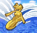 accessory action_pose action_scene black_hairband blush breasts cloud female glistening glistening_body gold_body gold_nipples hair hair_accessory hair_over_eye hairband hairband_only leaning leaning_forward looking_away markings navel nipples no_areola nude one_eye_obstructed outside pokemorph pose sea sky solo sport surfboard surfing water wave lunaris_parukia nintendo pokemon aubrey_dorada_(latiar) fan_character generation_9_pokemon gholdengo humanoid pokemon_(species) 2023 absurd_res digital_media_(artwork) hi_res