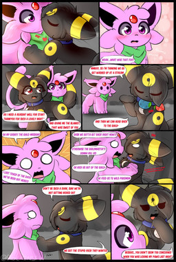 ambiguous_gender blue_collar blush collar dialogue duo feral food fruit green_scarf kiss_on_lips kissing oran_berry pecha_berry plant pokemon_berry scarf speech_bubble text rockii nintendo pokemon eeveelution espeon generation_2_pokemon pokemon_(species) umbreon comic english_text hi_res