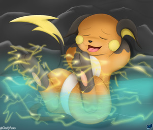 bath bathing electricity eyes_closed featureless_crotch feet feral fur lying on_ground open_mouth simple_background soles solo tongue water wet yellow_body yellow_fur cloufy nintendo pokemon generation_1_pokemon mammal pokemon_(species) raichu rodent 2019 digital_media_(artwork) hi_res
