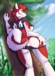 anthro breasts butt clothing coy curl female fur hair looking_at_viewer looking_back outside panties plant pose side_boob smile solo spring_(season) teasing tree underwear shariea canid canine canis domestic_dog husky mammal nordic_sled_dog spitz 2016 pinup