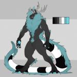 4_fingers 4_toes abs alternate_species animal_genitalia anthro antlers arm_tuft armpit_hair balls biceps big_tail biped black_balls black_body black_fur black_nipples black_tail blue_body blue_eyes blue_fur blue_hair blue_tail blue_tongue body_hair claws color_swatch digitigrade elbow_tuft feet fingers front_view fully_sheathed fur genitals grey_background grey_horn grey_nose hair horn huge_tail leg_tuft long_tail looking_at_viewer male markings multicolored_body multicolored_fur multicolored_tail muscular muscular_anthro muscular_male neck_tuft nipples nude pubes ring_(marking) ringed_tail sheath simple_background solo standing striped_markings striped_tail stripes tail tail_markings tail_tuft teeth toe_claws toes tongue tongue_out tuft white_body white_fur white_tail booou asura_(character) deer mammal monster 1:1 2015 digital_media_(artwork) hi_res model_sheet