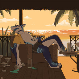 alcohol anthro beach beverage bodily_fluids bottomwear clothed clothing detailed_background drooling furniture gills hand_on_belly male notched_ear open_clothing open_mouth open_shirt open_topwear palm_tree plant saliva sea shirt shorts sitting sleeping sofa solo spilled_drink stripes sunset teeth topwear tree underwear water hacony razz_(razzshark) aquatic fish shark 1:1 hi_res