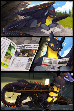 anthro bdsm black_body black_scales bondage bondage_gear bound chain claws clothing collar confusion cross-popping_vein feral gag group latex latex_clothing latex_legwear legwear male newspaper plant scales tail text tree wingbinders wings yellow_sclera 4nikonio4 dreamworks european_mythology how_to_train_your_dragon mythology joe_(toaocj) volt_(tehdragonborn) canid canine canis crocodilian dragon fury_(httyd) human mammal mythological_creature mythological_scalie night_fury reptile scalie western_dragon wolf comic english_text hi_res