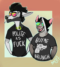 anthro black_body black_fur black_lips border buckteeth cigarette clothing duo ear_piercing ear_ring ears_back eyewear facial_hair fangs fur glasses gradient_background gradient_border grey_body grey_fur hair hand_in_pocket hands_in_both_pockets humor lips love male male/male multicolored_hair open_mouth open_smile piercing pivoted_ears pockets profanity ring_piercing romantic romantic_couple shirt sideburns simple_background smile smoking smoking_tobacco sunglasses t-shirt teeth tinted_glasses topwear two_tone_hair mangybones izzy_(cadaverrdog) robbie_(mangeybones) australian_possum lemur mammal marsupial petaurid primate ring-tailed_lemur strepsirrhine sugar_glider
