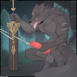 5_fingers abs anatomically_correct anatomically_correct_genitalia animal_genitalia animal_penis anthro back_tuft balls big_penis bodily_fluids breath canine_genitalia canine_penis chest_tuft crouching crystal cum drooling ears_back ejaculation erection eyes_closed fangs fingers fog fur genital_fluids genitals gold_(metal) grass grey_body grey_fur holding_object holding_penis holding_weapon knot knotted_penis male masturbation melee_weapon multicolored_body multicolored_fur muscular muscular_anthro muscular_male navel nipples nude orgasm outdoor_nudity outside penile penile_masturbation penis pivoted_ears plant red_penis saliva scar scars_all_over solo sound_effects star stone_floor stone_wall sword tail tail_tuft teeth text tongue tongue_out tuft two_tone_body two_tone_fur wall_(structure) weapon creamcrawler elden_ring fromsoftware blaidd_(elden_ring) canid canine canis mammal wolf 1:1 absurd_res english_text hi_res