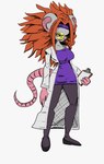 accessory anthro black_clothing black_legwear breasts clipboard clothing coat dress eyewear female glasses hair headband lab_coat legwear long_hair orange_hair pantyhose purple_clothing purple_dress purple_headband round_eyewear round_glasses scientist short_dress simple_background solo tail topwear white_background boker vacanti_(boker) mammal murid murine rat rodent hi_res