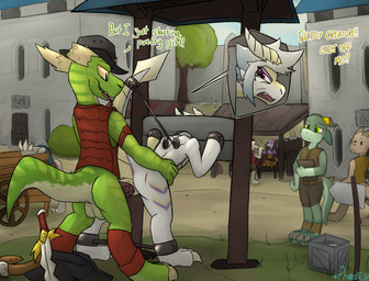 anthro balls clothed clothing dialogue eyelashes eyeshadow female forced genitals group long_eyelashes makeup male male/female nude partially_clothed public public_sex public_use purple_eyeshadow rape restraints scales severed_body_part severed_limb severed_wing sex solo stocks tear_trough text town vaginal phoebe_iv kobold scalie english_text hi_res
