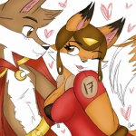 1:1 amazing-rannybella anthro aviator_cap awesomenauts belt breasts canid canine canis cape cleavage clothed clothing duo female fox heart_symbol leaning leaning_forward male male/female mammal one_eye_closed penny_fox pose smile suit wink wolf