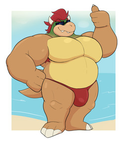 anthro armpit_hair barefoot beach belly biceps big_belly big_bulge big_muscles biped body_hair border bulge claws clothed clothing eyebrows eyewear feet gesture hair hand_gesture horn male musclegut muscular muscular_anthro muscular_male outside pecs plantigrade sand seaside smile solo speedo standing summer sunglasses swimwear teeth thick_arms thick_thighs thumbs_up topless topless_anthro topless_male water white_border denilsexo mario_bros nintendo bowser dragon_koopa koopa scalie 2025 hi_res