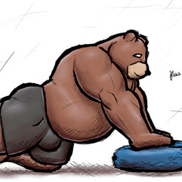 anthro barazoku belly brown_body brown_fur bulge exercise fur heros_mjs male musclegut muscular muscular_male overweight slightly_chubby solo alanottaviano bear brown_bear grizzly_bear mammal ursine 1:1 absurd_res hi_res