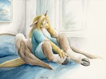 anthro bed clothing female furniture holding_hooves hooves nightgown sitting solo underhoof unguligrade window wings cervelet european_mythology greek_mythology mythology avian hippogriff mythological_avian mythological_creature